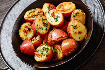 Herbs Garlic Potatoes in black bowl, top view