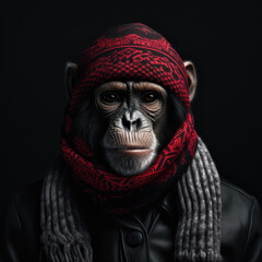 Schimpanse mit Schal und Mütze