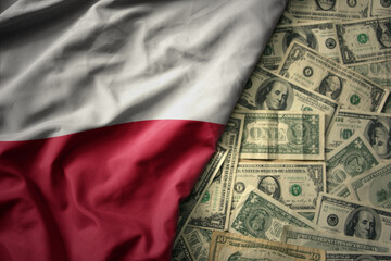colorful waving national flag of poland on a american dollar money background. finance concept - obrazy, fototapety, plakaty