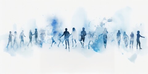 Blue Aquarelle Silhouette of People around the Olympic Symbol, Crafted with the Style of Digital Airbrushing, Embracing the Unity and Sporting Excellence of the Games
