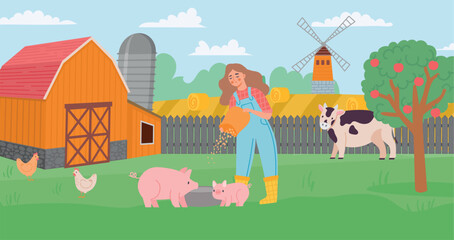 Farm life. Young female woman feeding pig, meadow with cow and poultry. Animal husbandry and breeding