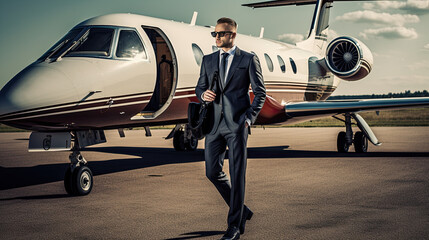 Smiling businessman with private plane on background. Business jet exterior.