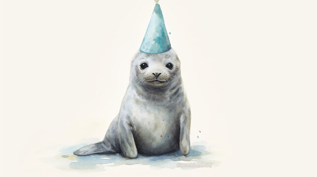 baby seal wearing party hat in watercolor painting design