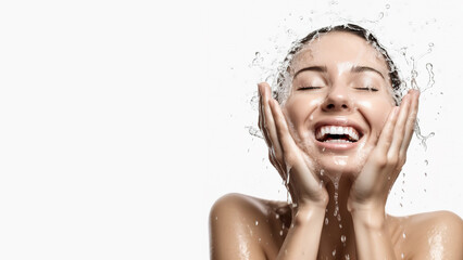 Beautiful Model Woman with splashes of water in her hands. Beautiful Smiling girl under splash of water with fresh skin. Young woman washing face. Skin care, Cleansing and moisturizing. 