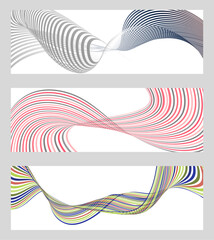 Wavy lines or ribbons. Set of 3 backgrounds. Multicolored striped gradient. Creative unusual background with abstract gradient wave lines to create a trendy banner, poster. vector eps