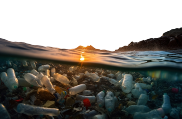 sunset ocean. trash infested sea. isolated transparent PNG.