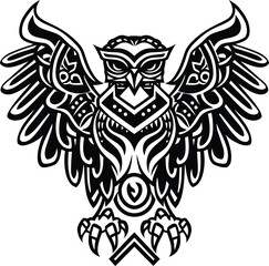 Owl tribal abstract. Flying owl black silhouette with a pattern on the body. Hand drawing in ethnic style / Tattoo design. 