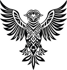 Owl tribal abstract. Flying owl black silhouette with a pattern on the body. Hand drawing in ethnic style / Tattoo design. 