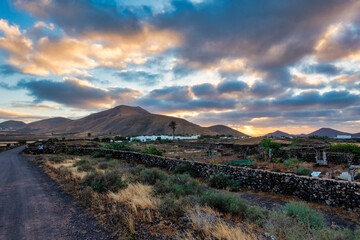 Dramatic Landscape and awesome sunset in Yaiza, Lanzarote Island, Las Palmas, Canary Islands, Spain.