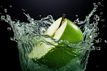 green apple in water splash close-up detailed view, ai tools generated image