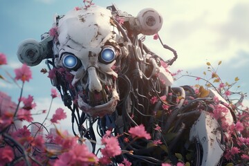 scary abandoned and lost robot-android close-up portrait in flowers, ai tools generated image