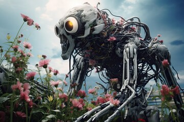 scary abandoned and lost robot-android walking in the field with flowers, ai tools generated image