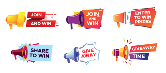 Giveaway banner with megaphone. Winning prize in contest, loudspeaker announcing competition, random winner