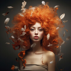 Redheaded woman with white feathers