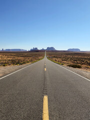 Straight road to Monument Valley; on the sides desert landscape with some shrubs
