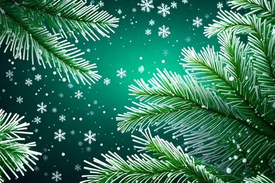 Christmas green fir on green background with snowflakes