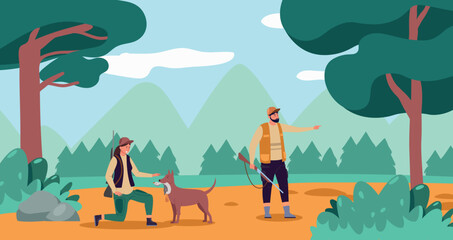 Hunter male and female in camouflage clothes with dog in forest. Outdoor woodland scene, woman taking duck from hound