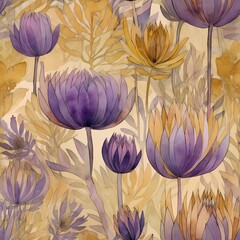 a purple floral wallpaper with yellow and gold floral