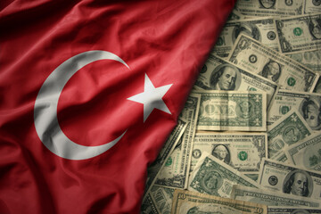 colorful waving national flag of turkey on a american dollar money background. finance concept - obrazy, fototapety, plakaty