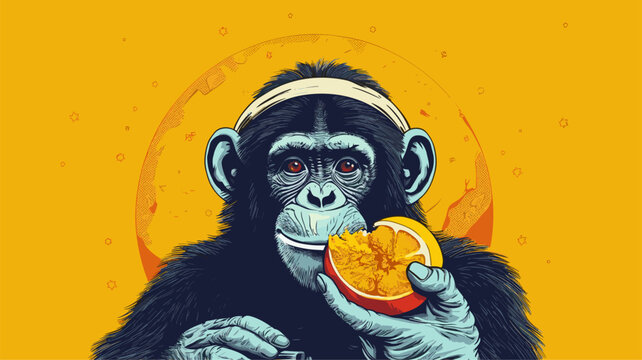 vector drawing monkey eating orange
