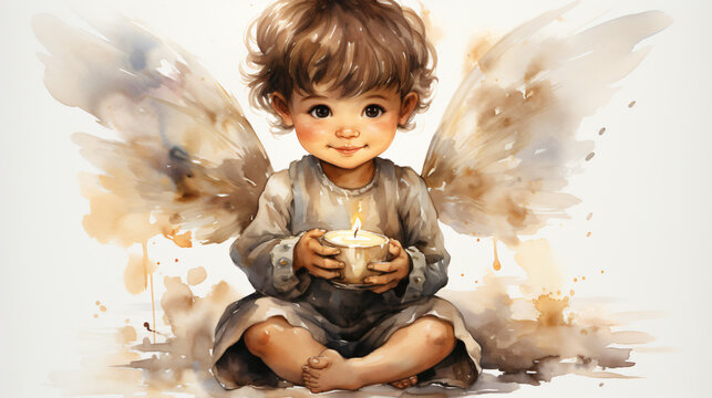 little cute cherub with wings holding a candle in watercolor vintage painting design