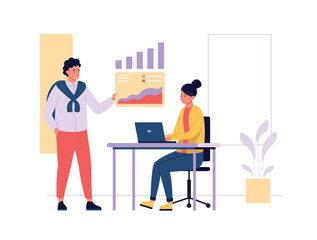 Market analytics. Woman employee sitting at desk with laptop, man worker showing data analytics. Financial management