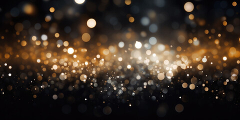 Bokeh background in black in the style of confetti like dots. Glitter and diamond dust. AI generated