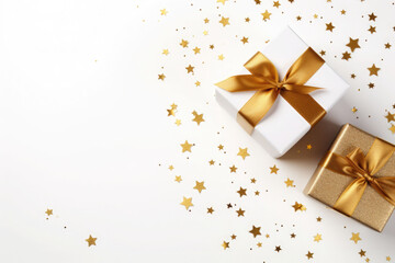 Fototapeta na wymiar Gifts or presents boxes with gold bows and confetti on white background, top view. AI generated