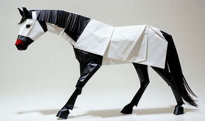 Obraz premium white black horse with red nose as origami on white background, generative AI