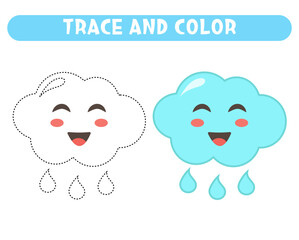 Trace and color cute little cloud with raindrops. Worksheet for kids