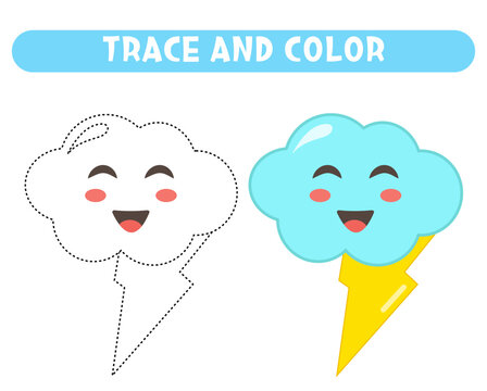 Trace and color cute little cloud with lightning. Worksheet for kids