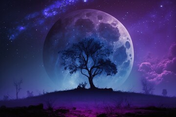 Fototapeta na wymiar Lonely tree in the night forest with full moon. Halloween background