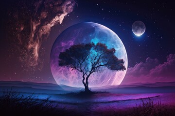 Naklejka premium Fantasy landscape with a tree and full moon in the night sky