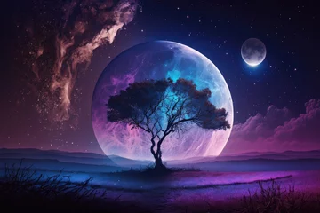 Papier Peint photo Pleine Lune arbre Fantasy landscape with a tree and full moon in the night sky