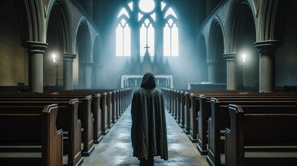 Fototapeta premium illustration, hooded in the cloudy church, ai generative.