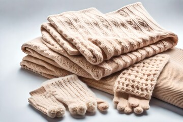 A stack of folded knitted warm women sweaters, hat and gloves on a white background.