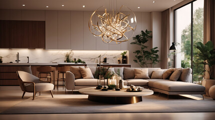 A realistic photo of a modern home interior, featuring a stylish lighting fixture that adds a touch of elegance.