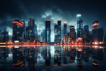Photography of cityscapes with skyscrapers illuminated at dusk, Generative AI