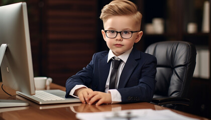 Obraz premium child boss in business suit in office, made with Generative AI