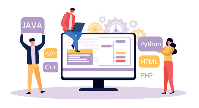 Programmer and designer developing website. Software developer writing python, java, html code. Man working on laptop