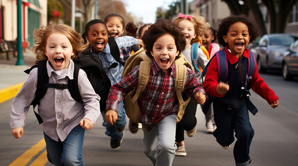 Diverse Kids Running with Backpacks, generative ai