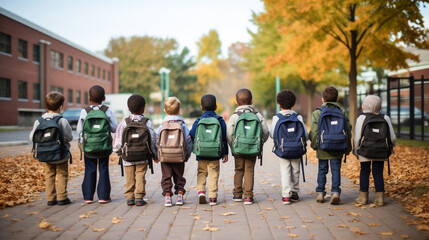 Group of Little Children Walking with School Backpacks, generative AI