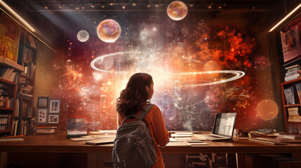 Schoolgirl with Backpack and Virtual Planetarium, generative AI - obrazy, fototapety, plakaty