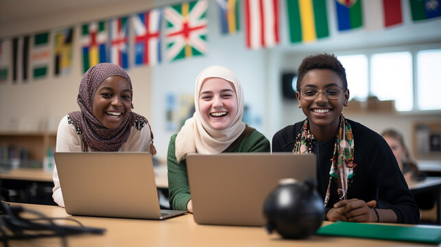 Smiling Students of Different Ethnicities, Including Muslim Girls, in Classroom with Laptops
