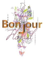 Slogan design print with the word bonjour, tropical leaves and flowers decorated with colorful mosaics. Handwritten lettering quote, slogan or saying for t shirts, covers,  wallpaper, greeting cards,  © Anna Laifalight