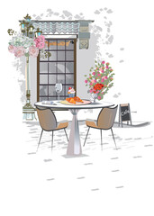 Series of backgrounds decorated with flowers, old town views and street cafes. Café window.   Hand drawn vector architectural background with historic buildings.  - 627837869