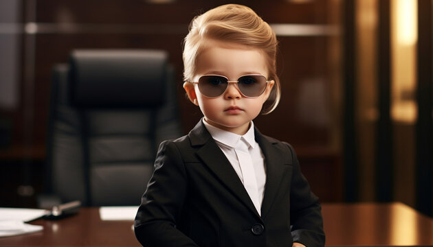 Girl baby boss in business suit in office, made with Generative AI