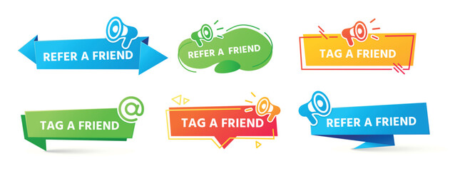 Referral program label, friends recommendation and social marketing tag friend banner. Sharing information in networking sites