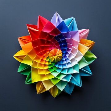A collection of beautifully crafted origami creations, featuring a rainbow of hues, from delicate pastels to intense primaries, forming intricate paper sculptures.