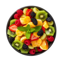 Bowl of healthy fresh fruit salad isolated on transparent background, top view